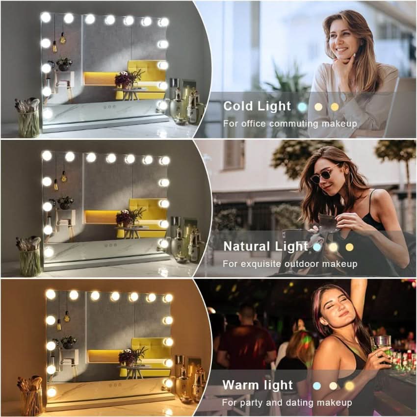 The Jessica Hollywood Mirror 58cmX46cm features LED bulbs with three lighting modes—cold for office makeup, natural for outdoor looks, and warm for parties—each demonstrated by a woman in a corresponding setting.