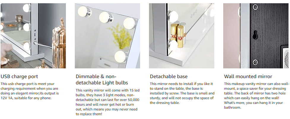 Four sections showcase the Jessica Hollywood Mirror 58cmX46cm: USB charge port, dimmable LED bulbs, detachable base, and wall mounting—each feature is shown with a close-up photo and brief description for versatile lighting.