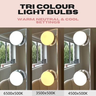 The Jessica Hollywood Mirror 58cmX46cm offers three labeled LED lighting options: cool white (6500K), neutral white (4500K), and warm yellow (3500K) for easy selection.