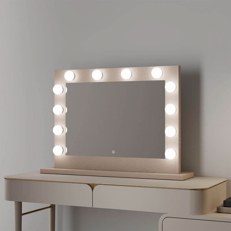 Jolie Gold Hollywood Mirror 80 x 60cm with perfect lighting setup, ideal for makeup, TikTok, and Instagram-ready spaces.
