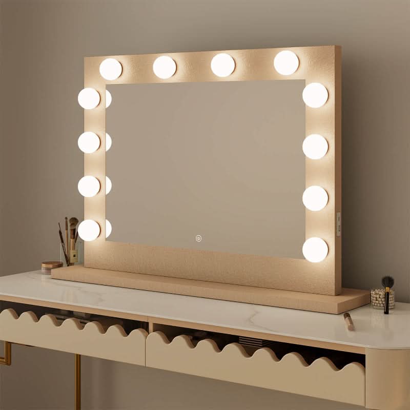 Jolie Gold Hollywood Mirror 80 x 60cm with glowing lights on a vanity table enhances beauty routines and decor