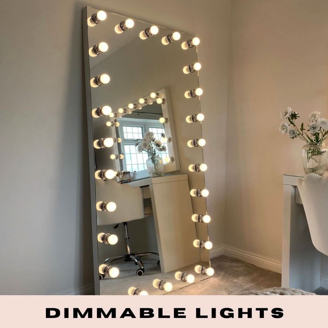 Keira Hollywood Mirror XXL with dimmable lights, full-length with 28 bright bulbs, perfect for makeup and dressing room decor.