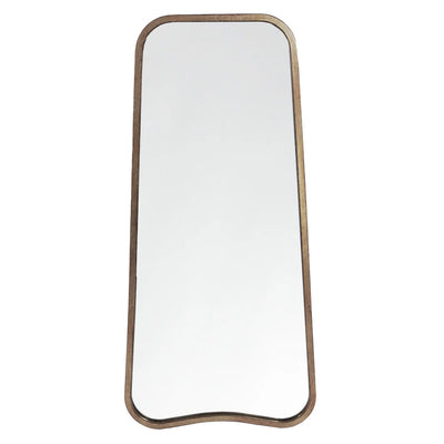 The Valentina Gold Mirror Full Length Mirror by hollywood mirrors (123cm x 56.5cm) features a rectangular shape with rounded upper corners, a slight curve at the bottom, and a slim gold frame for an elegant look.