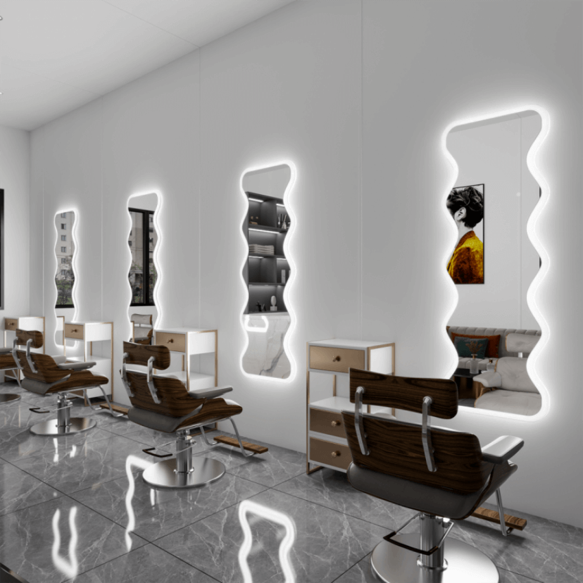 Luxurious hair salon with glowing wavy full-length mirrors, elegant chairs, and sleek modern design, highlighting modern elegance.