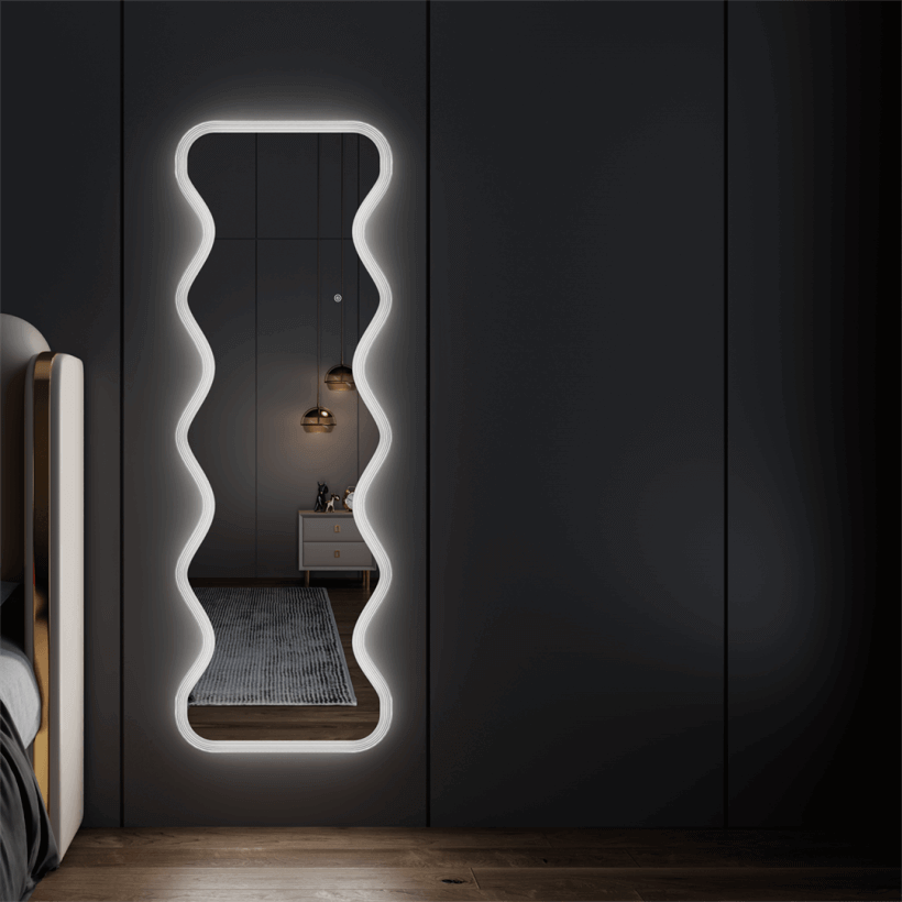 Lana Wavy Full Length Mirror 160 x 50cm with LED lighting, minimalist Italian design, perfect for wall-mounted or freestanding use.
