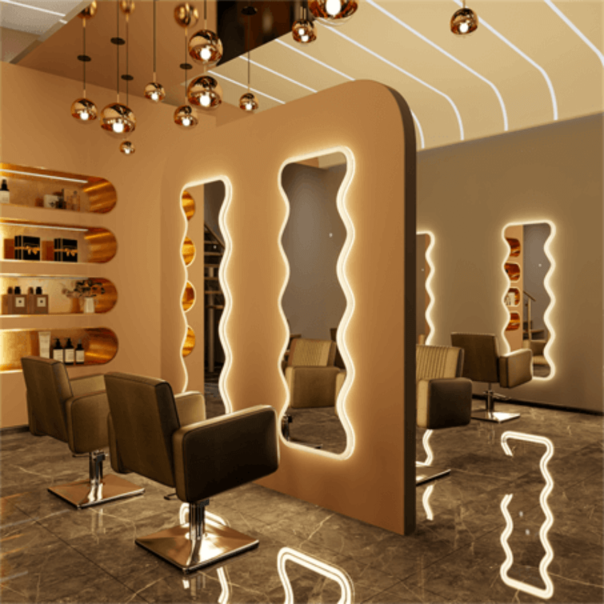 Wavy full-length mirrors with LED lights in a modern, stylish salon setting.