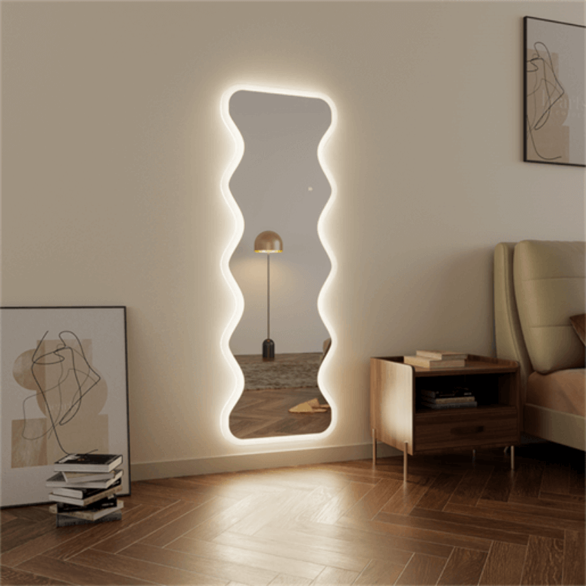 Lana Wavy Full-Length Mirror 160 x 50cm with LED lighting in a modern living room, adding stylish elegance and minimalist charm.