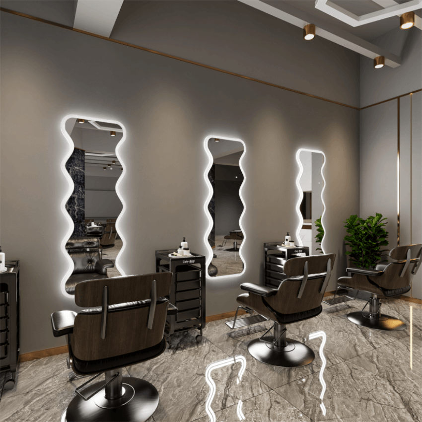 Elegant wavy full-length mirrors in modern salon with stylish decor and seating, showcasing minimalist Italian design flair.