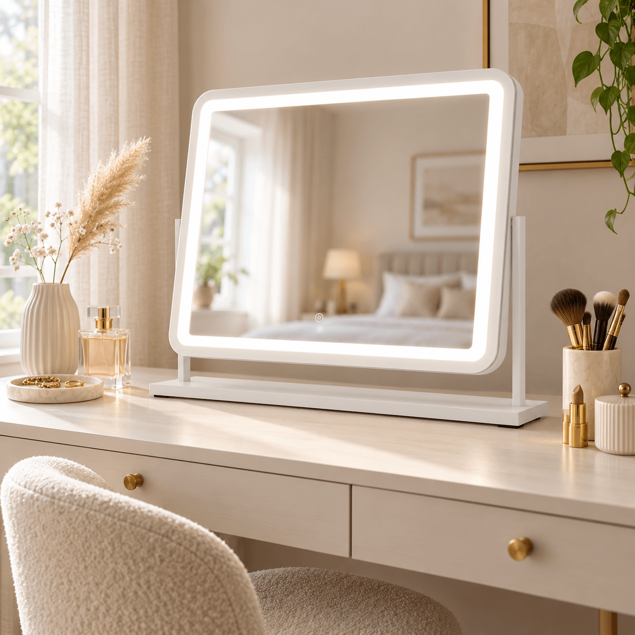 Luna White 58cm LED Vanity Mirror with Tilt Stand on a dressing table, showcasing modern design and bright illumination.