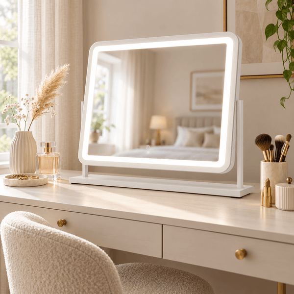 Luna White 58cm LED Vanity Mirror with Tilt Stand on a dressing table, showcasing modern design and bright illumination.