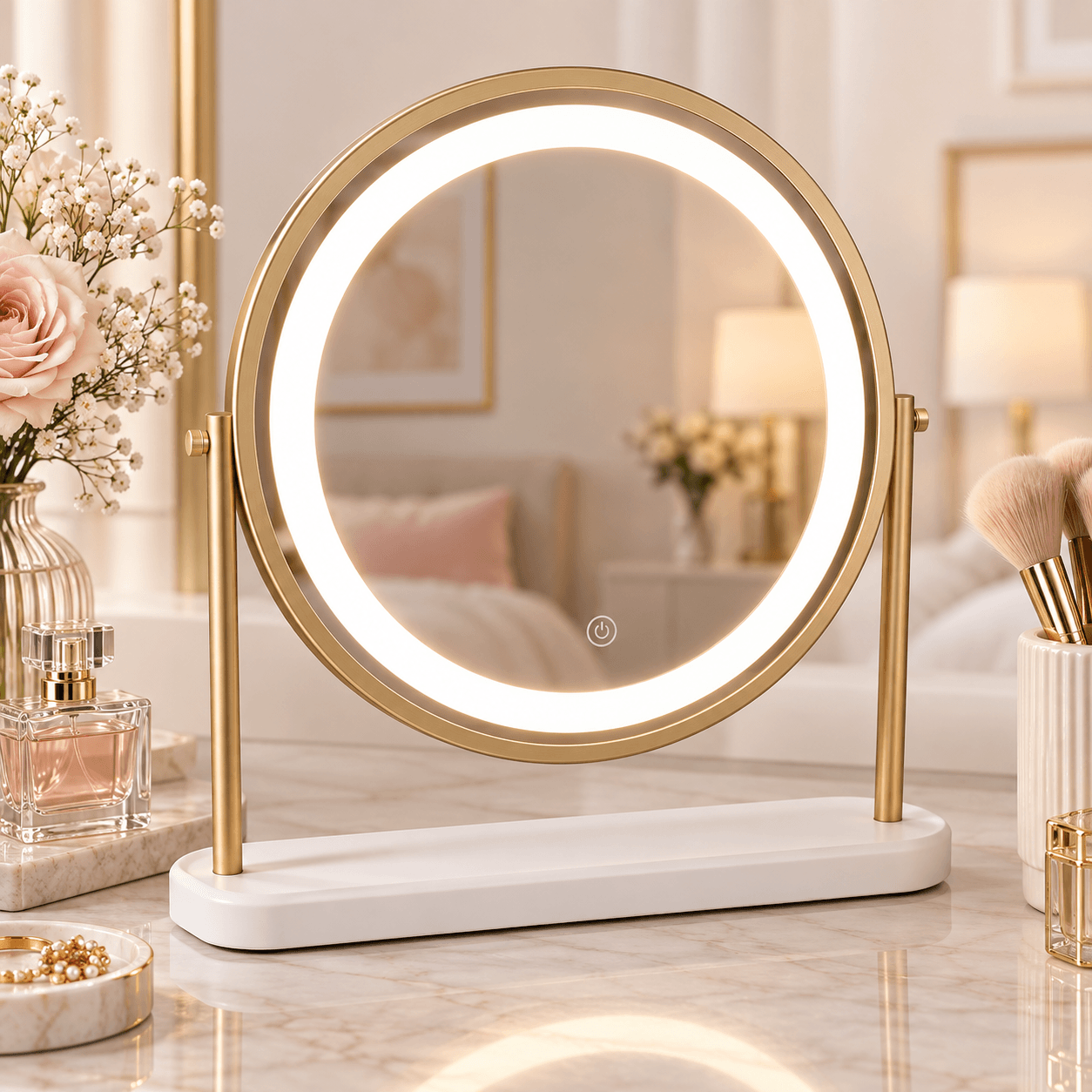 Island Round LED Vanity Mirror – Glamour Gold on a dressing table, modern design with tilt 360 feature.