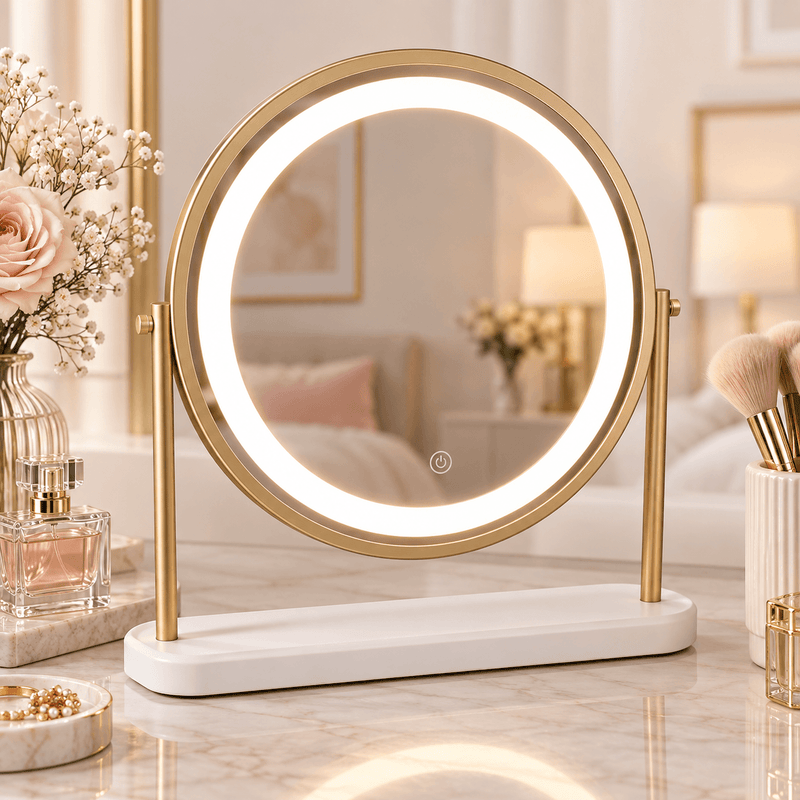 Pre Order Middle October Island Round LED Vanity Mirror – Glamour Gold on a dressing table with a modern design.