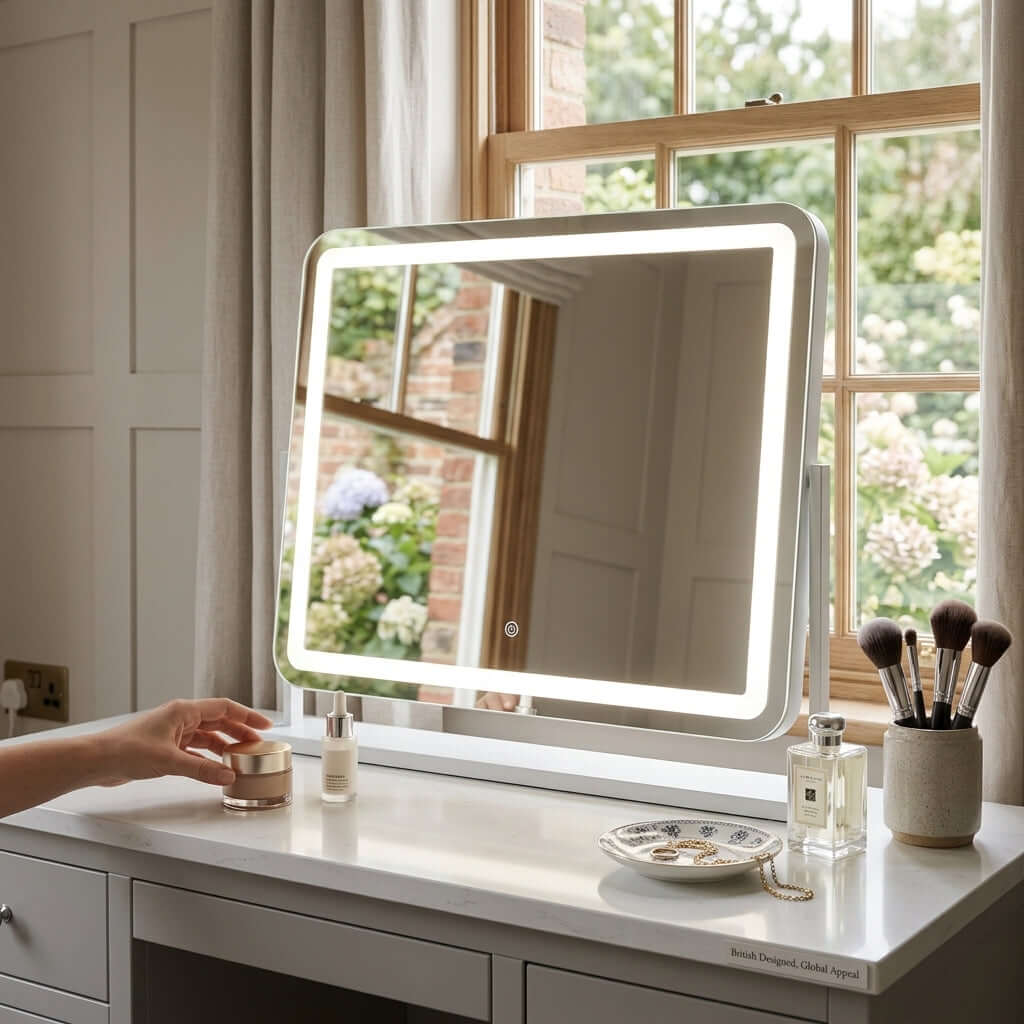 Luna White 58cm LED Vanity Mirror with Tilt Stand, a modern dressing table mirror with soft light for makeup.