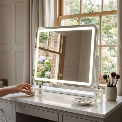 Luna White 58cm LED Vanity Mirror with Tilt Stand, a modern dressing table mirror with soft light for makeup.