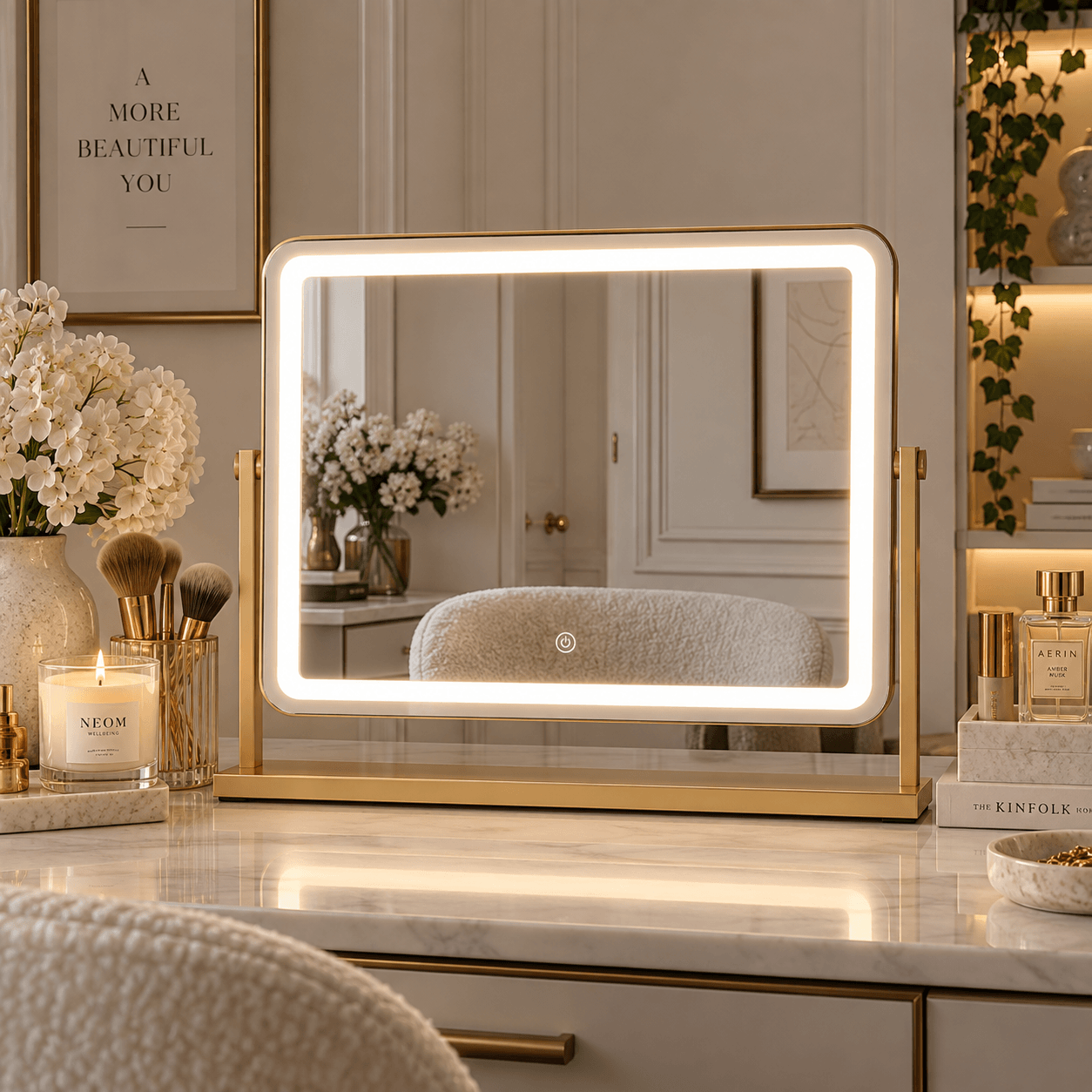 Gigi Glamour Gold LED Vanity Mirror, modern dressing table mirror with 360 tilt, ideal makeup mirror for any space.