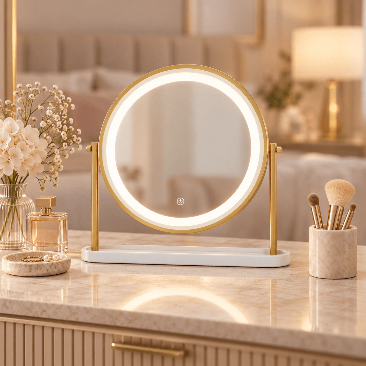 Pre Order Middle October Island Round LED Vanity Mirror – Glamour Gold on a dressing table with elegant decor.