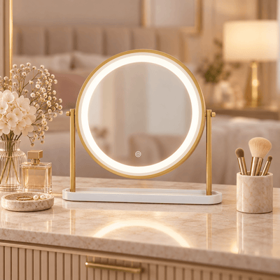 Pre Order Middle October Island Round LED Vanity Mirror – Glamour Gold on a dressing table with elegant decor.