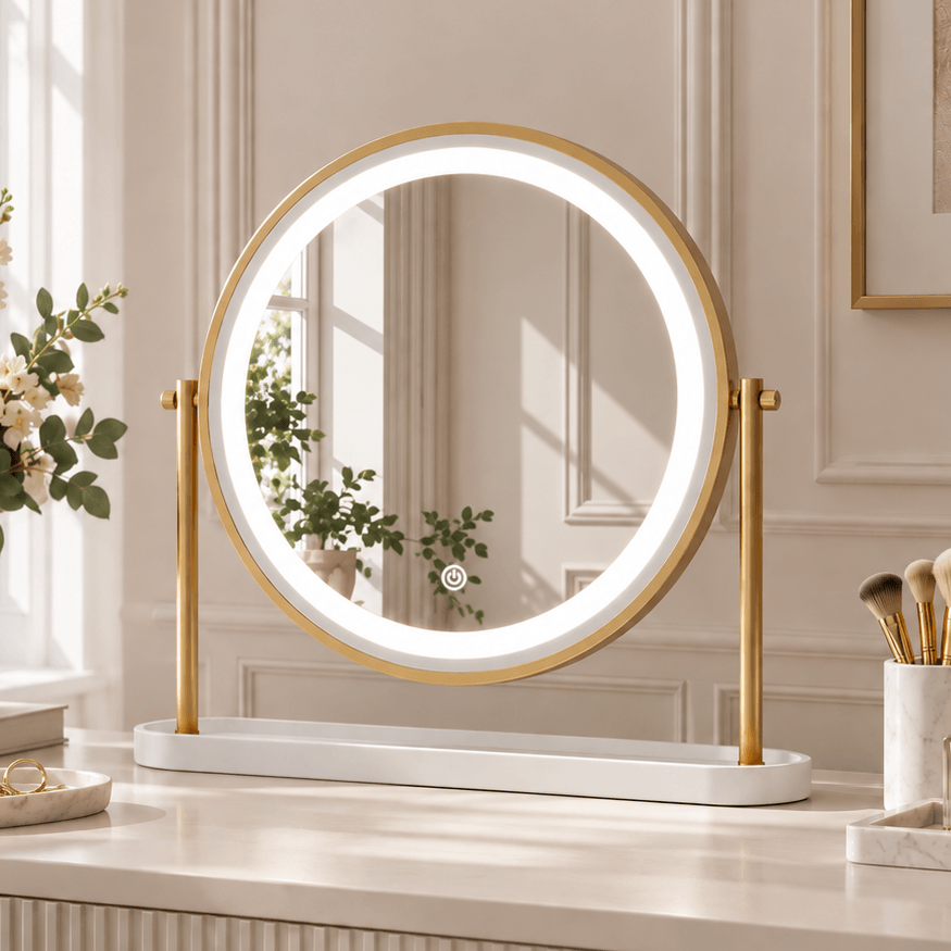 Pre Order Middle October Island Round LED Vanity Mirror – Glamour Gold on a dressing table with a modern design.