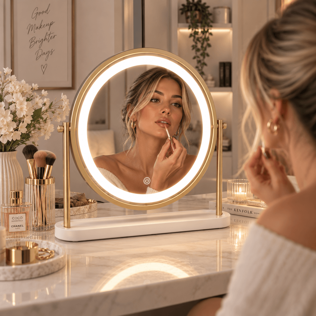 Pre Order Middle October Island Round LED Vanity Mirror – Glamour Gold in modern dressing table setup with beautiful lighting.
