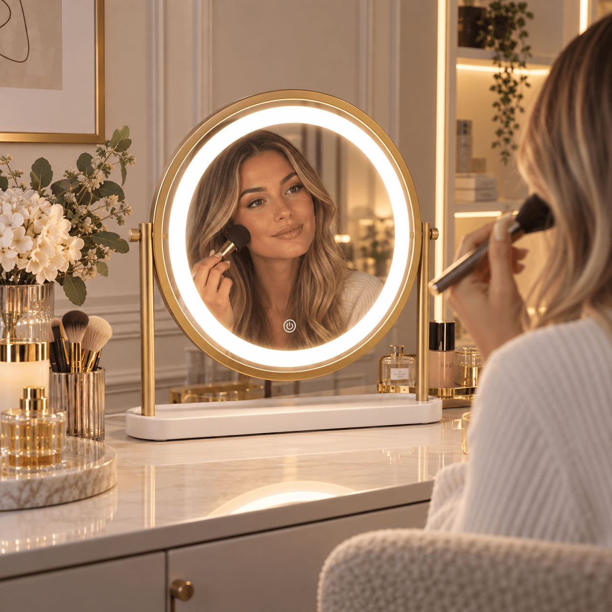 Island Round LED Vanity Mirror – Glamour Gold in a modern dressing table setting with soft lighting and makeup application.