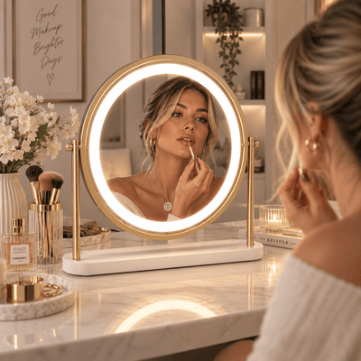 Pre Order Middle October Island Round LED Vanity Mirror – Glamour Gold in modern dressing table setup with beautiful lighting.