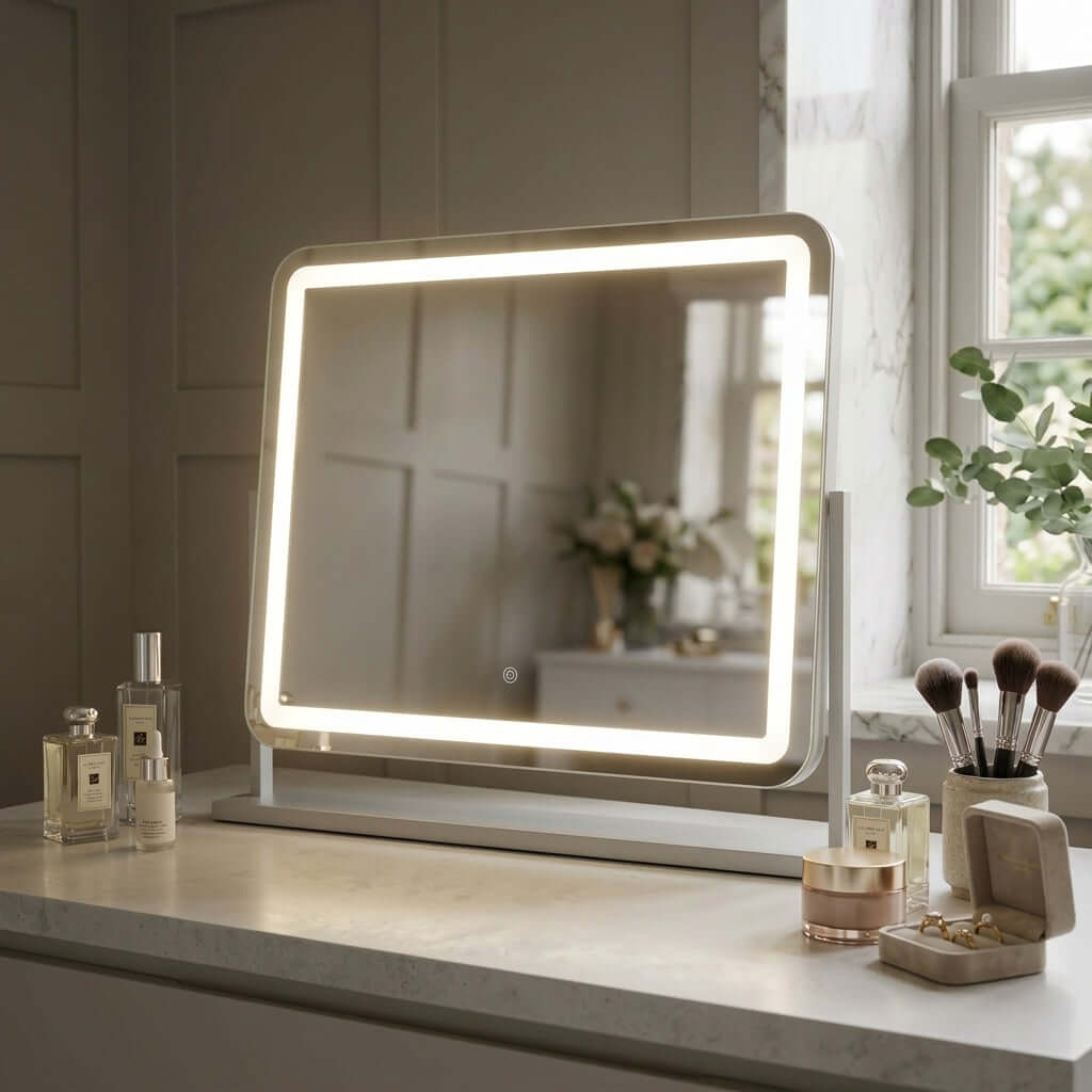 Luna White 58cm LED Vanity Mirror with Tilt Stand on dressing table, modern design with soft light for makeup application.