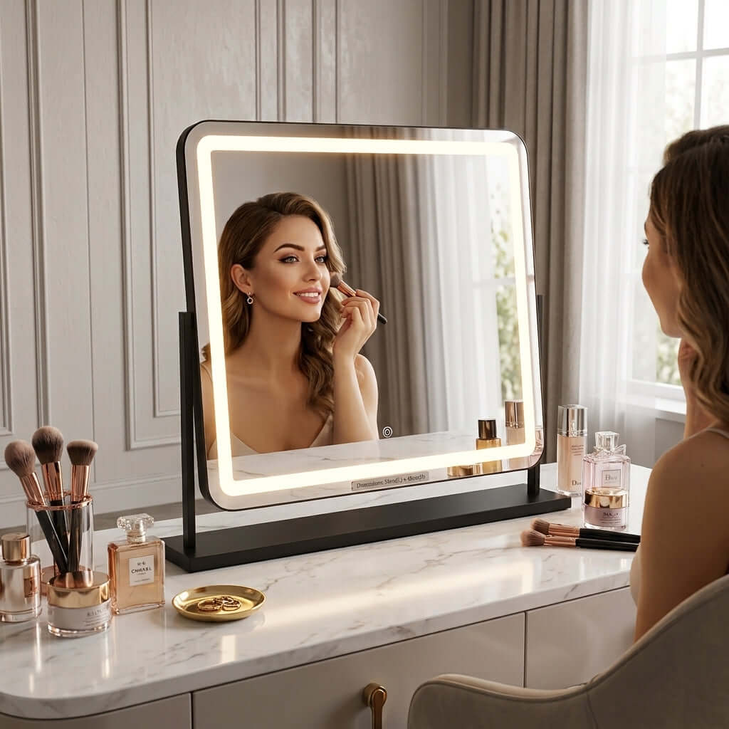 Pre Order Mid October Noir Matt Black LED Vanity Mirror with Lights in use on a modern dressing table, showing flawless makeup application.