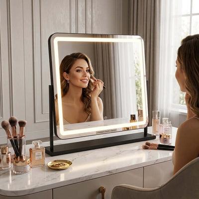 Pre Order Mid October Noir Matt Black LED Vanity Mirror with Lights in use on a modern dressing table, showing flawless makeup application.