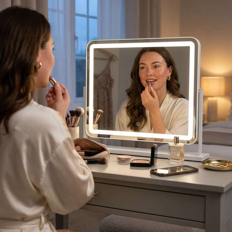 Luna White 58cm LED Vanity Mirror with Tilt Stand on a dressing table, showcasing modern design and bright illumination.