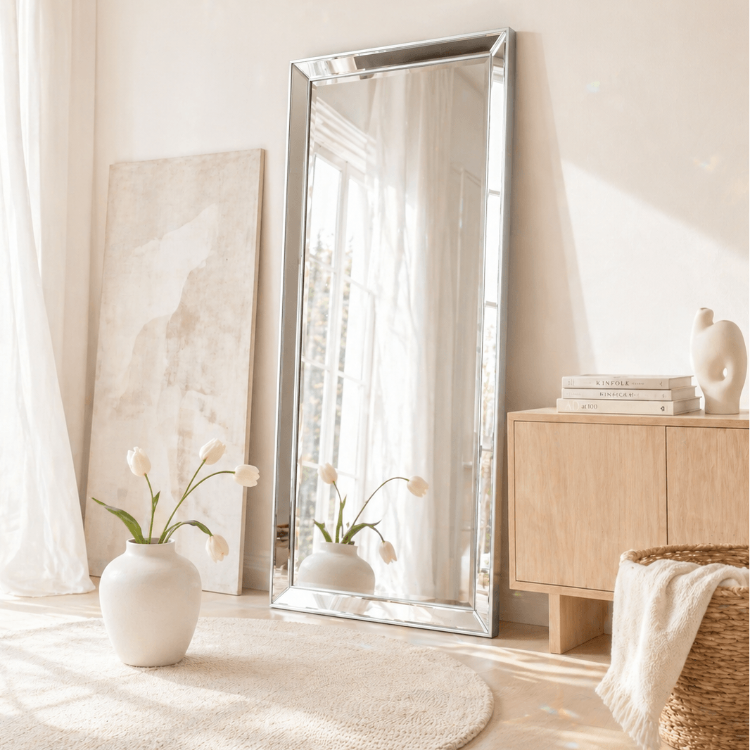 Limelight full length silver leaner mirror 178cm x 78cm styled in bright Scandi minimalist living room with white tulips and pale oak floor