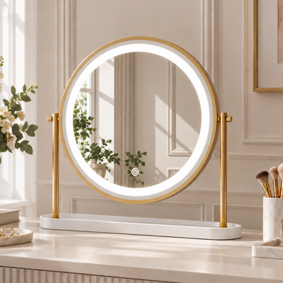 Love island gold dressing room mirror with ights and tilt, white base