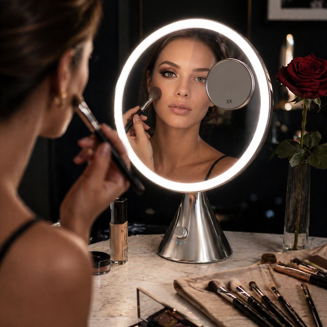 Woman applying makeup in front of a round, illuminated mirror with various beauty products on a table.