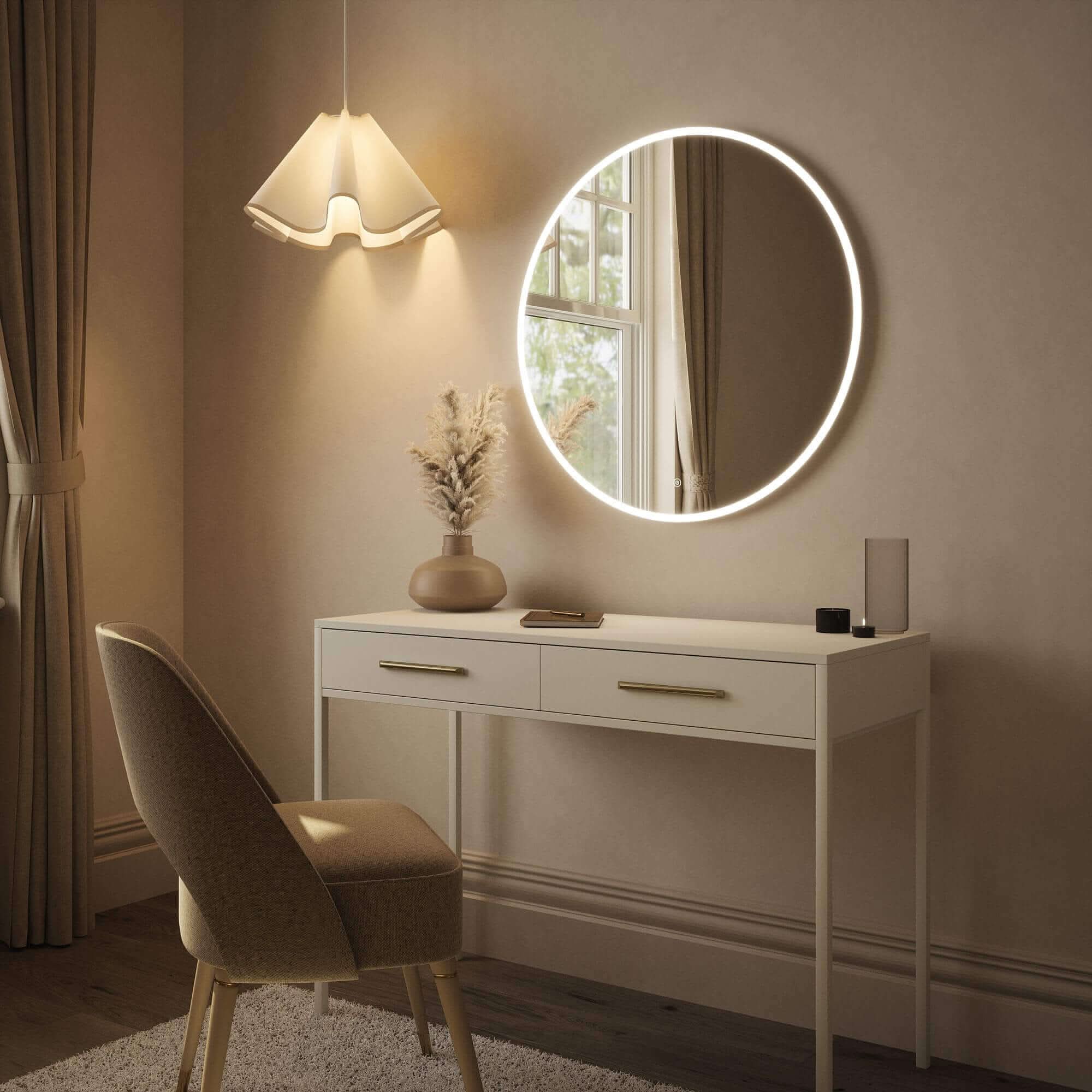 Round wall-mounted backlit mirror in a modern room setting with sleek vanity and soft lighting.