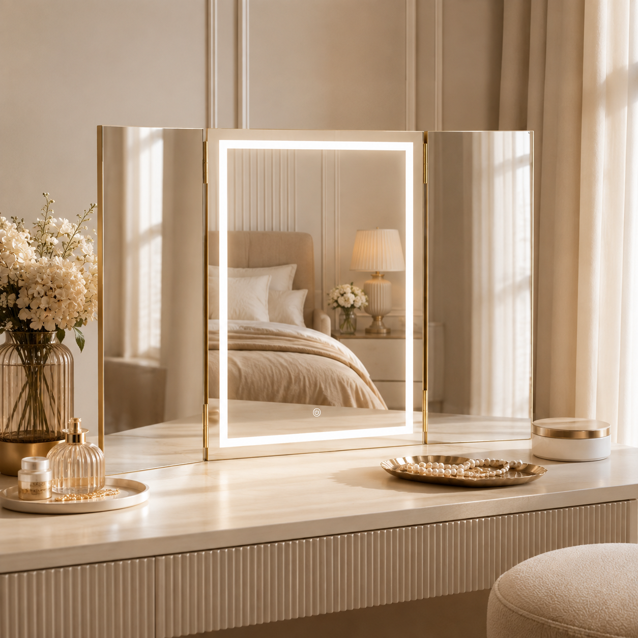 Lux folding dressing table mirror with lights in a luxury bedroom