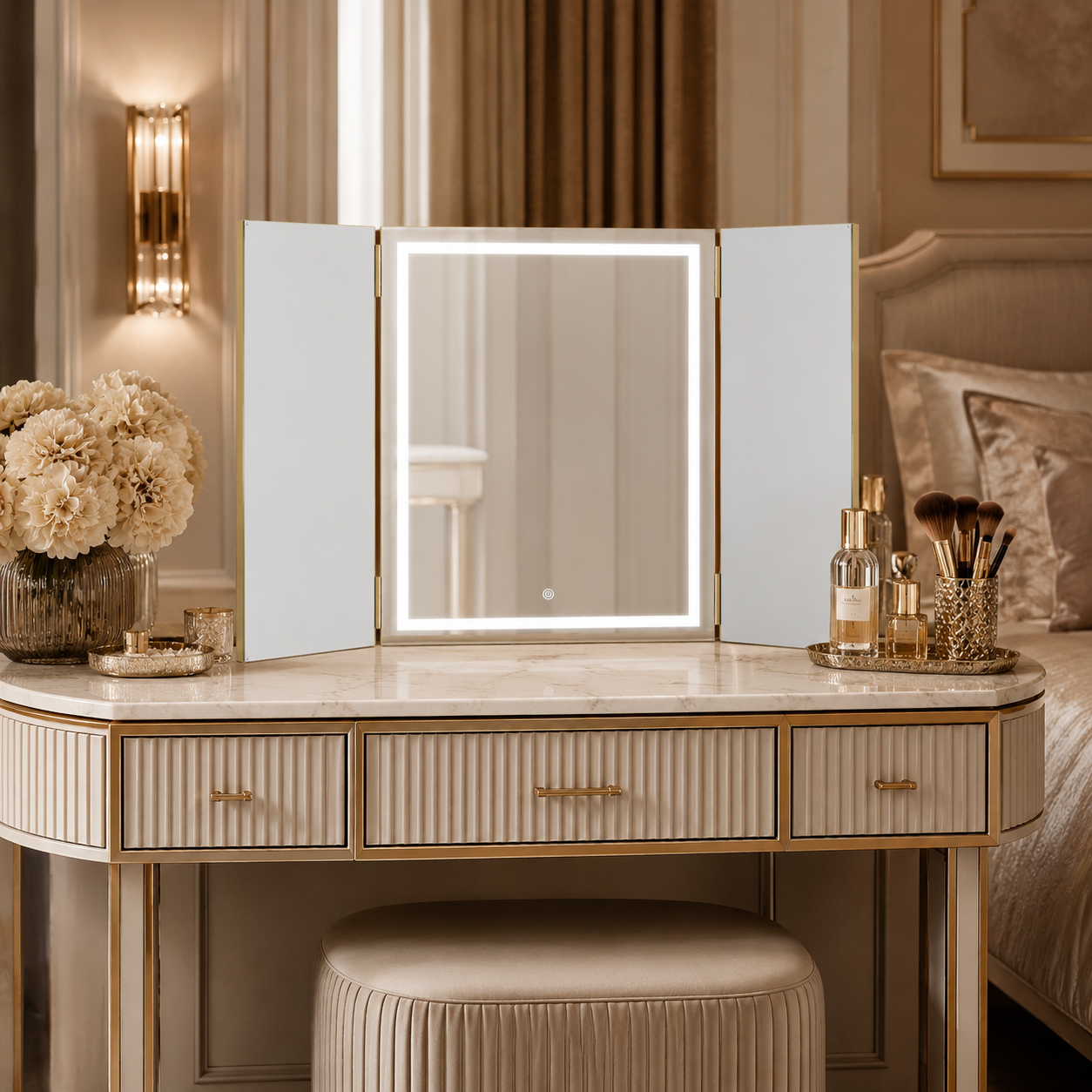 Lux Gold trifold mirror on a glamorous cream and gold dressing table
