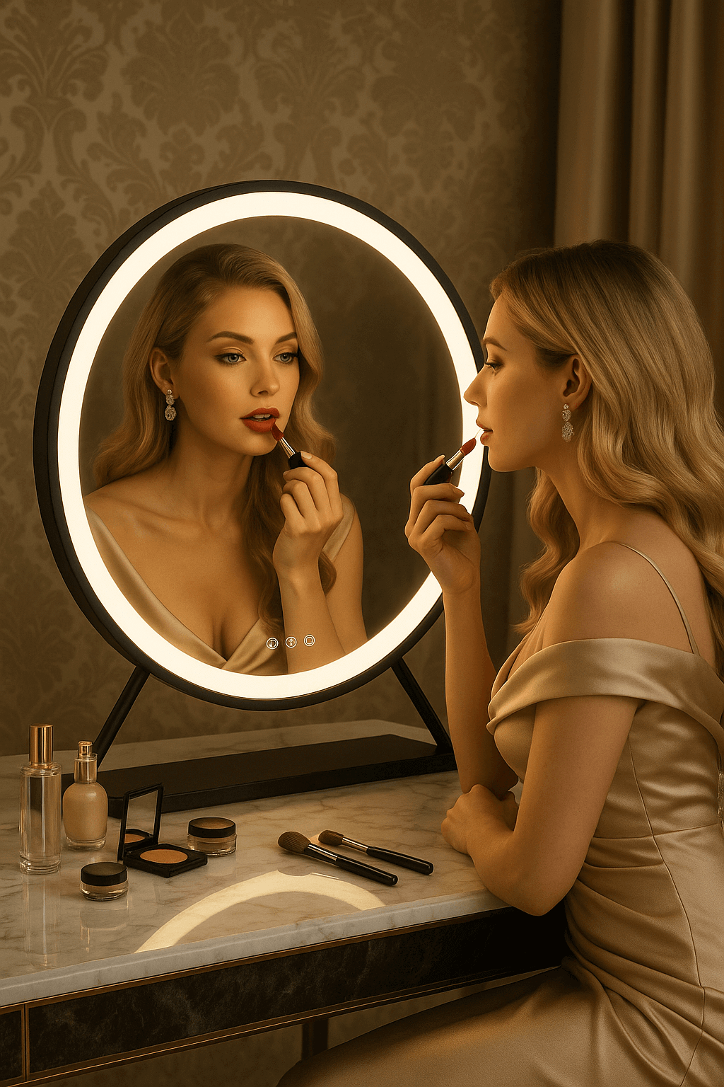 Woman applying lipstick in front of Grace Round Hollywood Mirror with black frame, featuring customizable LED lighting settings.