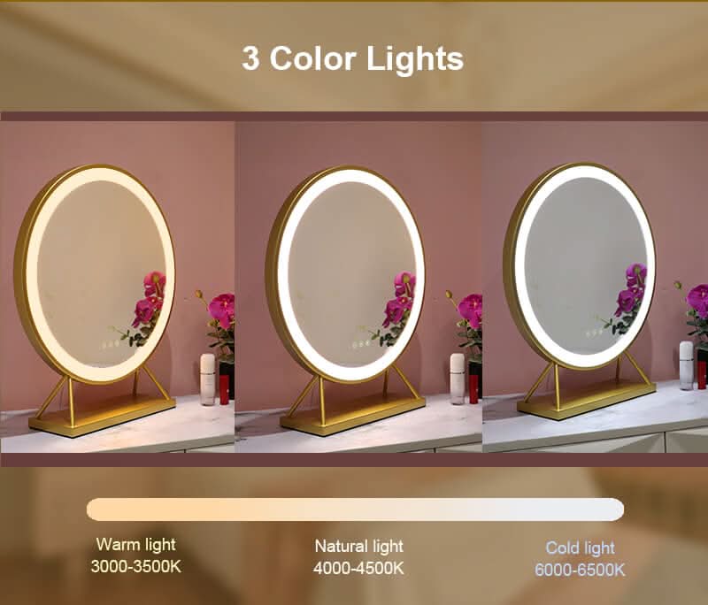 Anne Round Hollywood Mirror Gold with customizable LED lighting showing warm, natural, and cold light settings on a dressing table.
