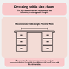 Dressing table size chart suggests 70–90 cm table length, with a simple line drawing. For pro lighting and adjustable brightness, choose the Margot Small Hollywood Mirror 50x42cm. Text is placed above and below the image.
