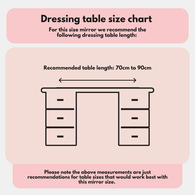 Dressing table size chart suggests 70–90 cm table length, with a simple line drawing. For pro lighting and adjustable brightness, choose the Margot Small Hollywood Mirror 50x42cm. Text is placed above and below the image.