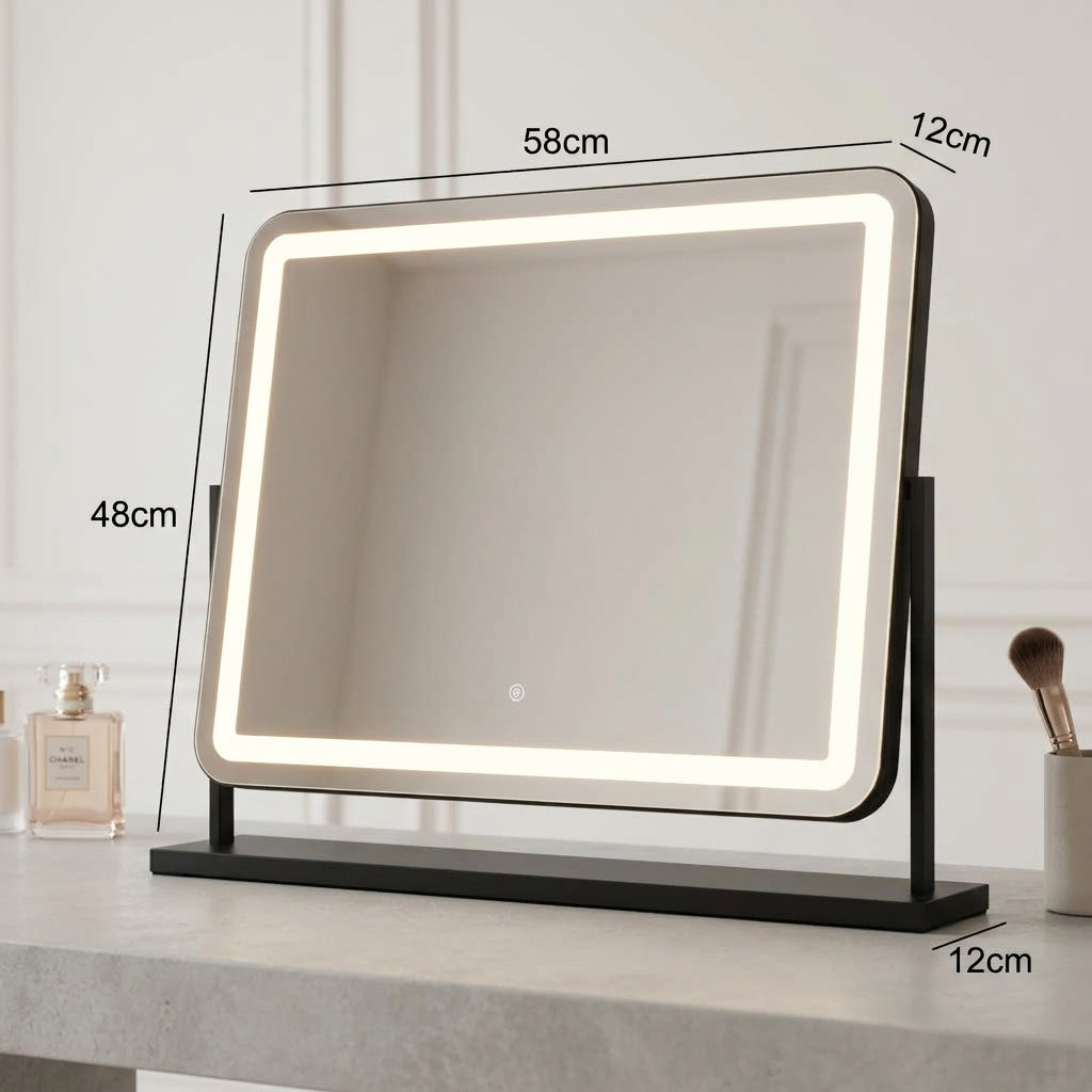 Noir Matt Black LED Vanity Mirror with Lights on dressing table showing dimensions and features.