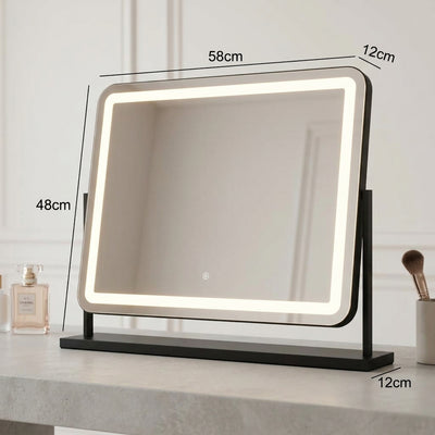 Noir Matt Black LED Vanity Mirror with Lights on dressing table showing dimensions and features.