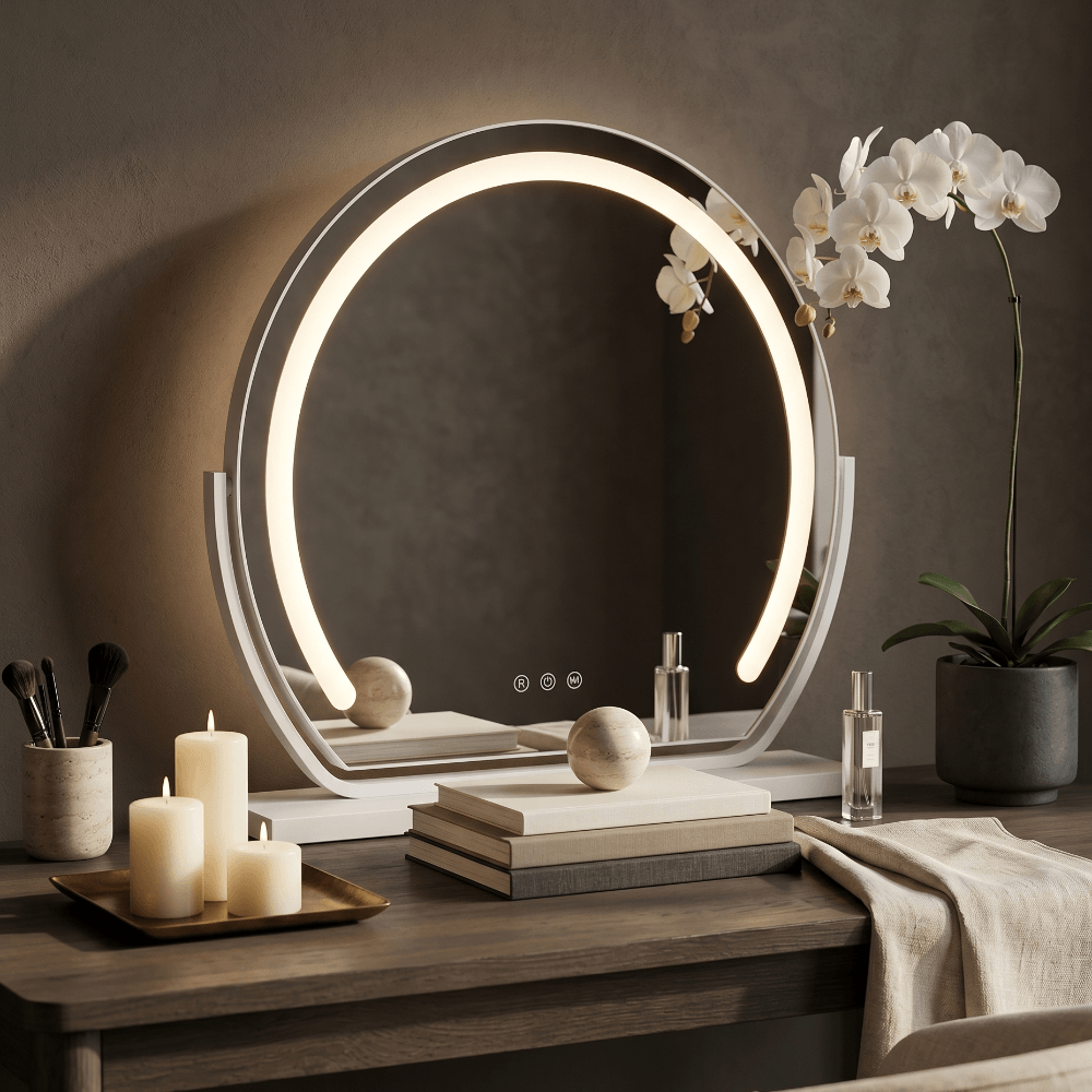 Mila LED Vanity Mirror White displayed on a stylish dressing table with candles and decor.