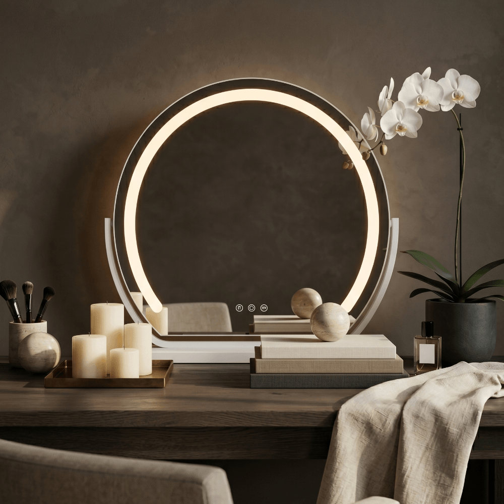 Mila LED Vanity Mirror White placed on a stylish dressing table with decor.