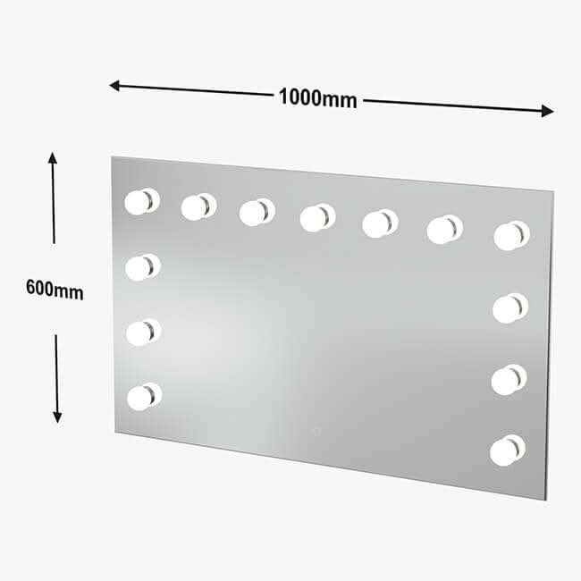 The Nicole Hollywood Mirror Wall Mounted 100x60cm by hollywood mirrors has fourteen evenly spaced LED bulbs along the left, right, and top edges. It features a plain white background.