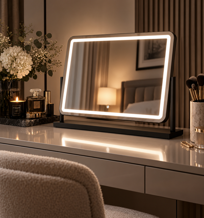 Noir Matt Black LED Vanity Mirror with Lights on a sleek dressing table, perfect for makeup application and tilting.