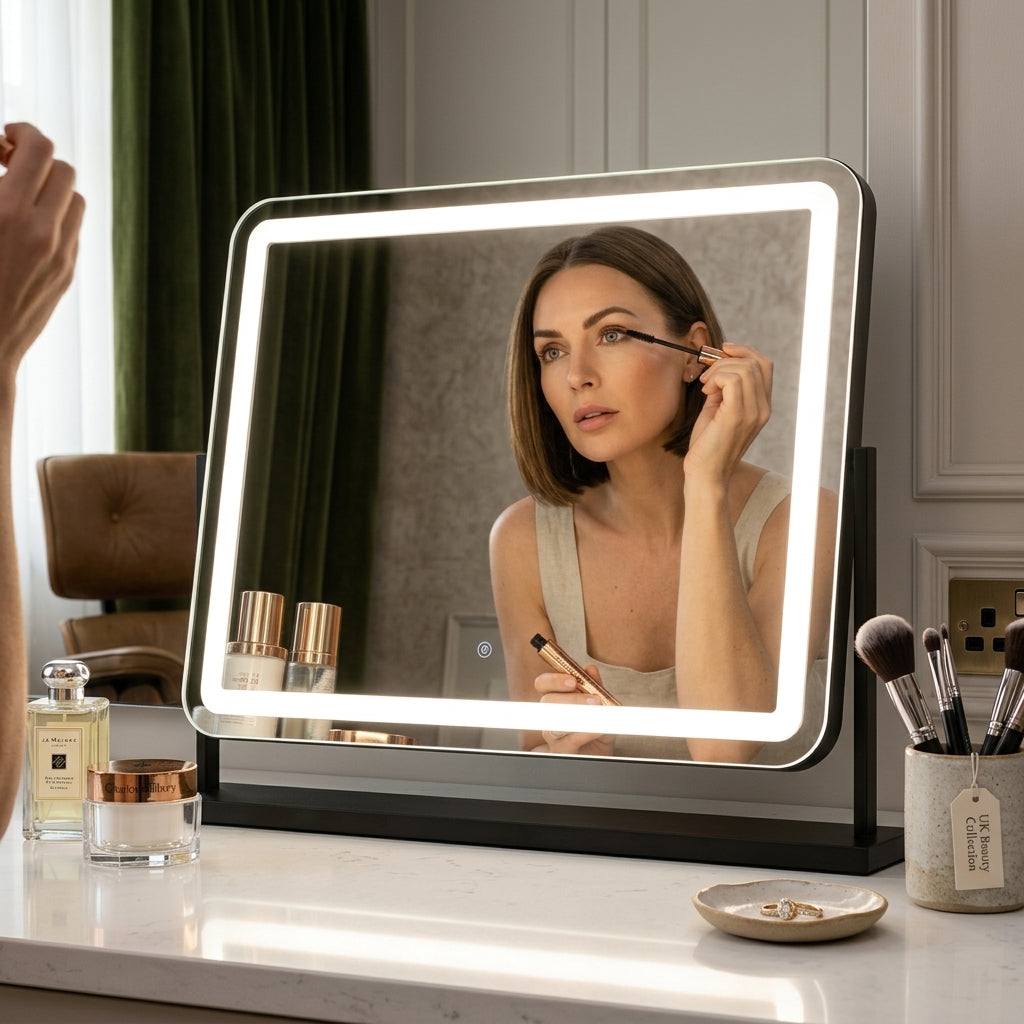 October Noir Matt Black LED Vanity Mirror with Lights in use by a woman applying makeup.