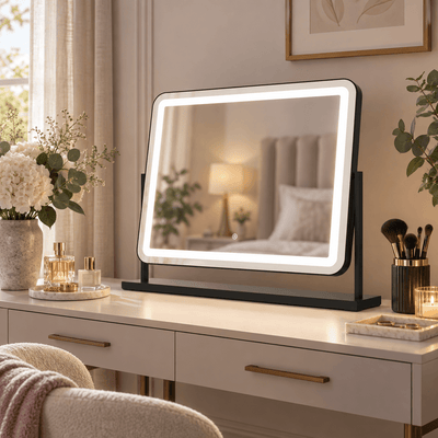 Pre Order Mid October Noir Matt Black LED Vanity Mirror with Lights on dressing table with modern decor.