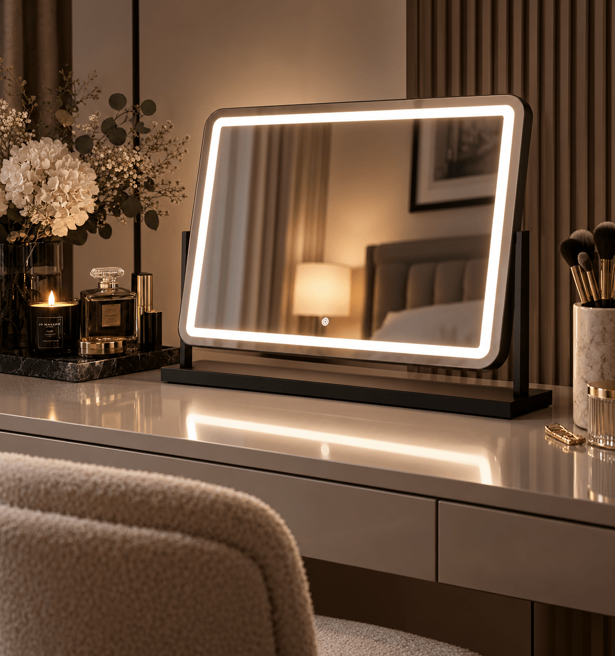 Pre Order Mid October Noir Matt Black LED Vanity Mirror with Lights on a chic dressing table, showcasing its elegant design.
