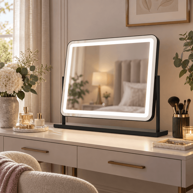 Pre Order Mid October Noir Matt Black LED Vanity Mirror with Lights in use on a modern dressing table, showing flawless makeup application.