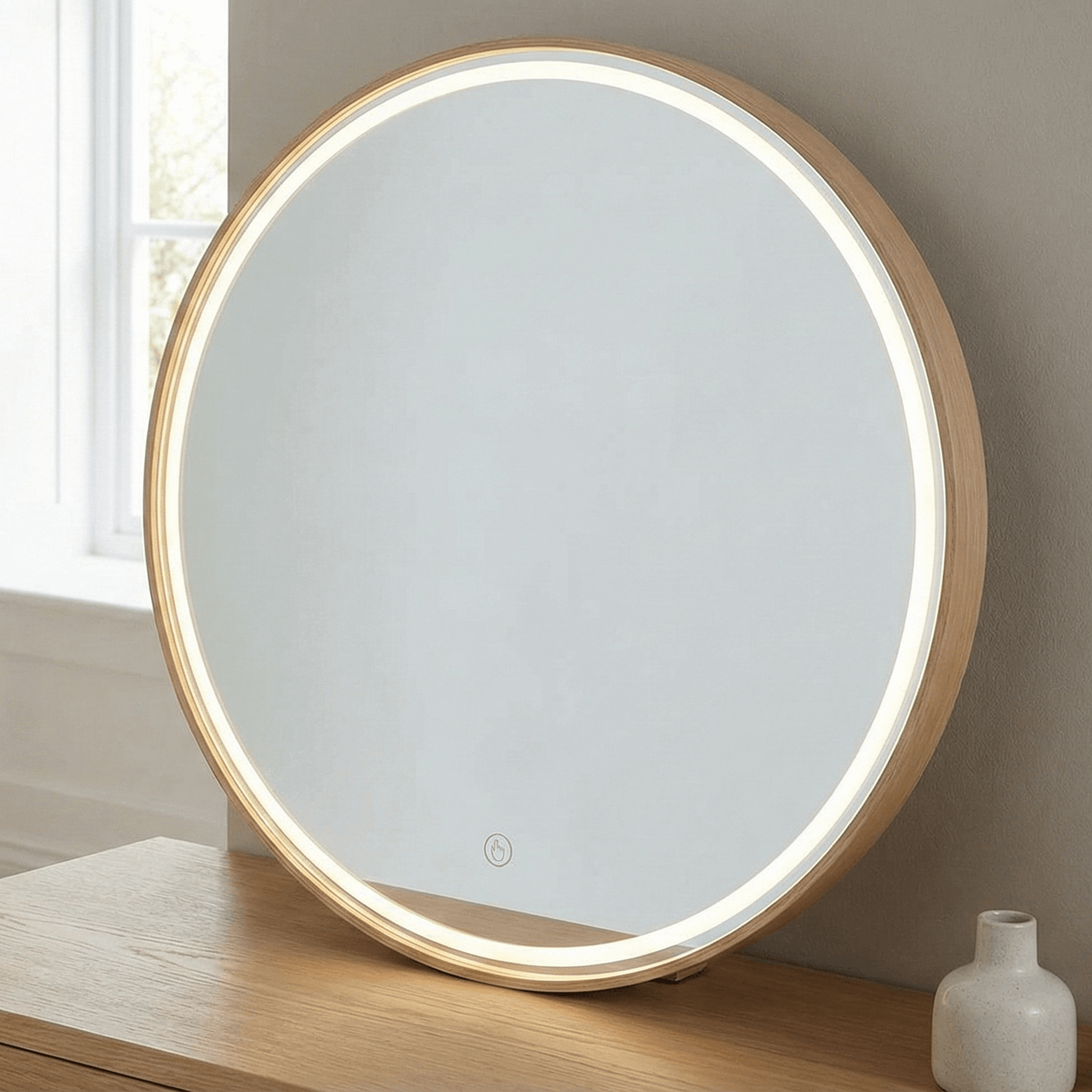 Pre Order End June Florence Round Oak Mirror 60cm - Round oak bedroom mirror with LED lighting, ideal for dressing tables.